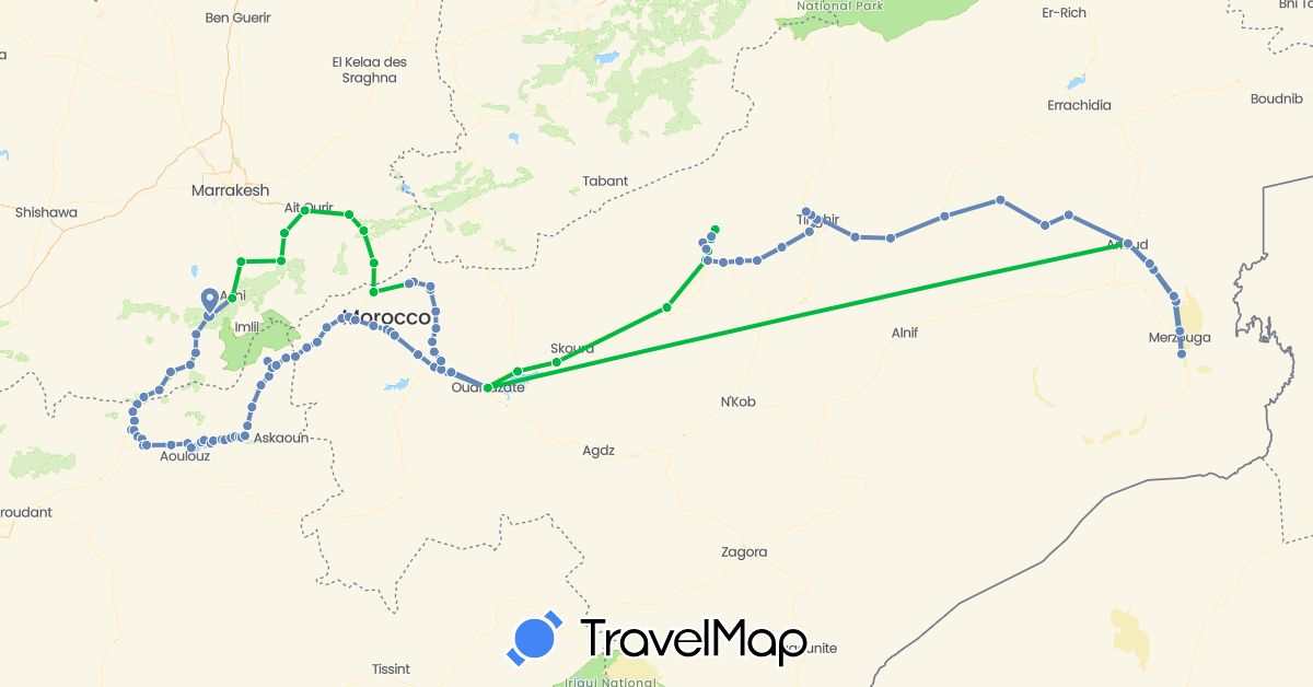 TravelMap itinerary: driving, bus, cycling in Morocco (Africa)